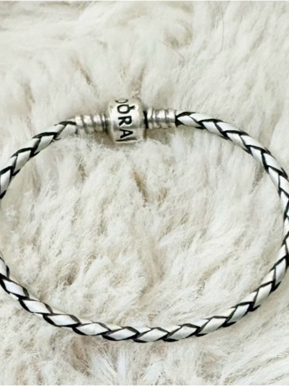 Retired PANDORA 7” White Braided Leather Charm Bracelet 925 Silver Clasp